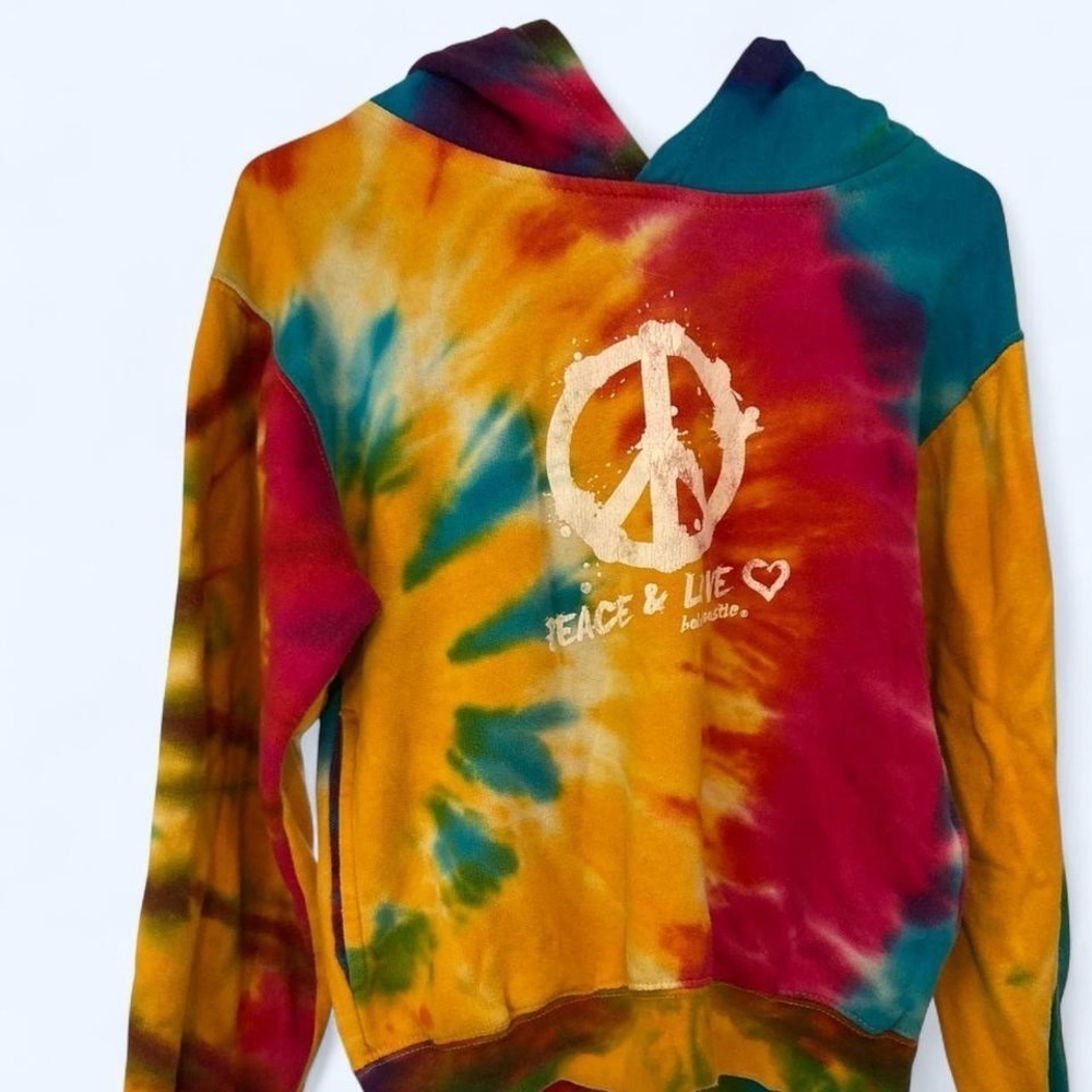 Multi-coloured tie-dye hoodie with peace and love design MV Sport L